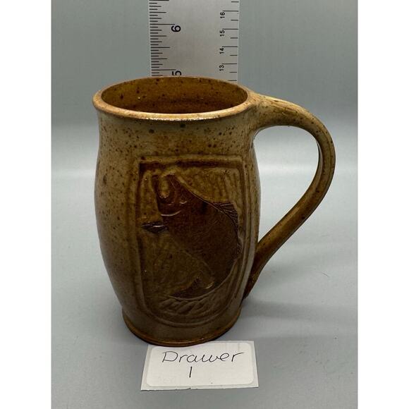 Signed Art Pottery Mug Fish Salmon Speckled Cream Natural Coffee Cup Fishing - Picture 4 of 8